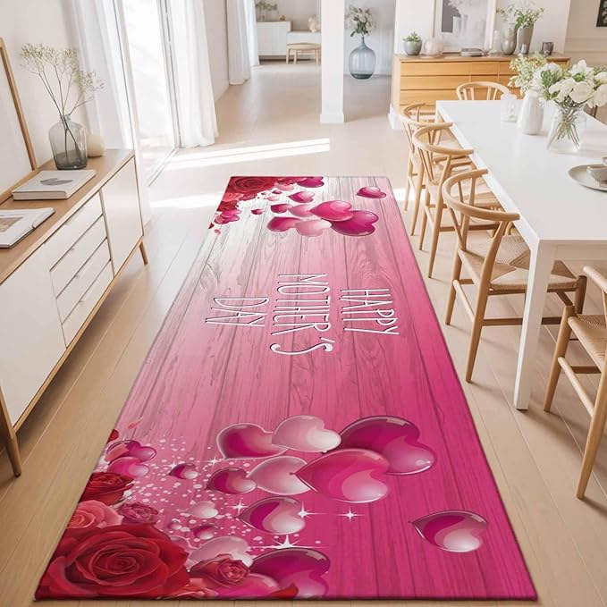 Runner Rug for Bedroom Hallway, Mother's Day Love Balloon Rose Kitchen Runner Rugs Area Rug 2x6ft, Gradient Pink Wood Grain Washable Soft Floor Carpet for Entryway Stair