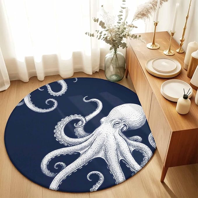 Washable Round Area Rug Underwater Ocean Giant Octopus Circle Rugs Floor Carpet for Living Room Bedroom, Navy Blue White Marine Life Soft Non Slip Round Rug 5ft