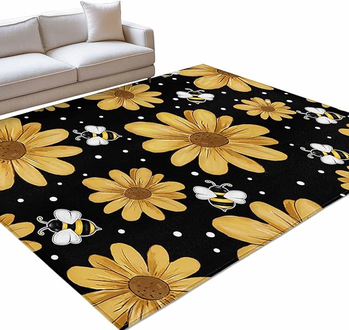 Area Rug 8x10ft, Summer Daisy Flower Bee on Black Washable Rugs for Living Room Bedroom, Spring Watercolor Floral Soft Non-Slip Area Rugs Rectangle Floor Carpet for Dining Room