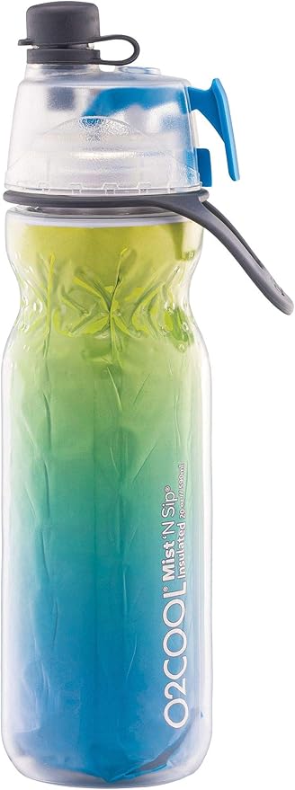 O2COOL Mist 'N Sip Misting Water Bottle 2-in-1 Mist And Sip Function With No Leak Pull Top Spout Reusable Sports Water Bottle - 20 oz (Blue Ombre)