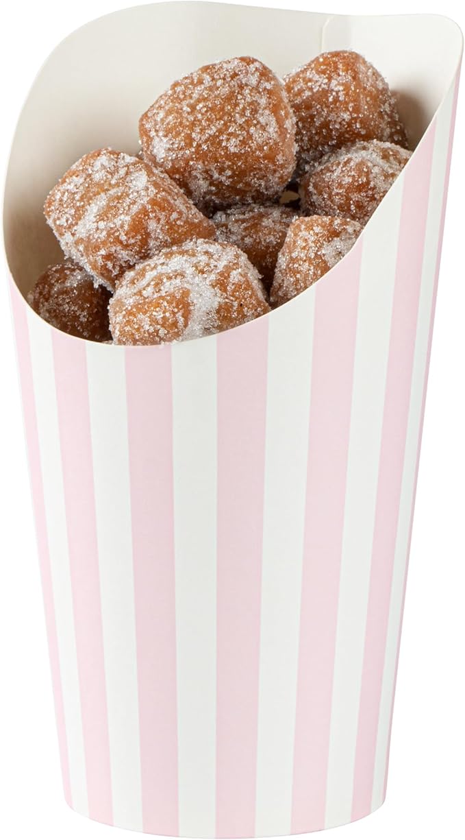 Bio Tek 16 Ounce French Fry Containers, 100 Disposable Charcuterie Cups - Incline Design, Round, Striped Paper French Fry Cups, Stackable, For Waffles, Chips, or Popcorn - Restaurantware