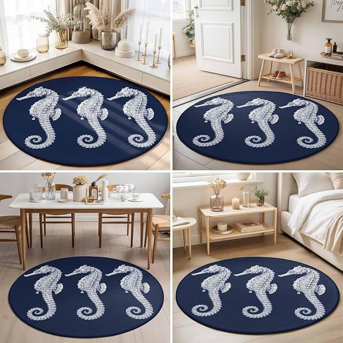 Washable Round Area Rug Ocean Life Seahorse Navy Blue Circle Rugs Floor Carpet for Living Room Bedroom, Summer Nautical Theme Soft Non Slip Round Rug 3ft