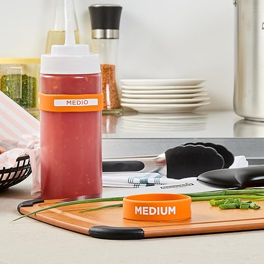 Restaurantware Silicone Squeeze Bottle Band 10 Count 2.75 Inch Dishwasher Safe Condiment Identification Band, Medium Orange Non-Slip Label Band for Condiment Labeling at Restaurants, Food Trucks