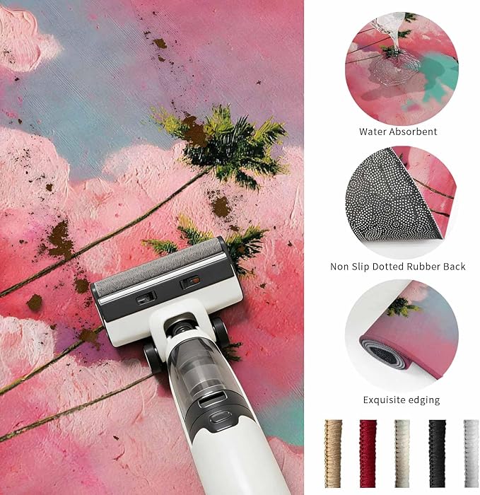 Washable Round Area Rug Summer Dreamy Pink Cloud Circle Rugs Floor Carpet for Living Room Bedroom, Watercolor Tropical Palm Tree Soft Non Slip Round Rug 3ft