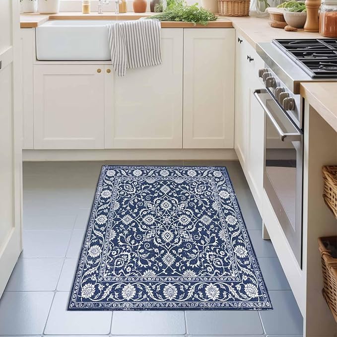 Area Rug 2x3ft, Navy Blue Paisley Floral Texture Washable Rugs for Living Room Bedroom, Vintage Tribe Flower Soft Non-Slip Area Rugs Rectangle Floor Carpet for Dining Room