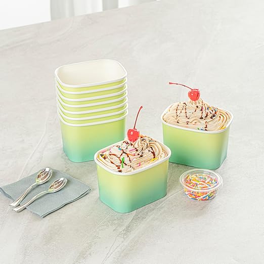 Restaurantware Paper Cups 200 Count 12 Ounce Square Disposable Ice Cream Containers, Leak-Resistant Paper Dessert To Go Cups, Hot And Cold Food, Durable Teal And Green Ombre Design