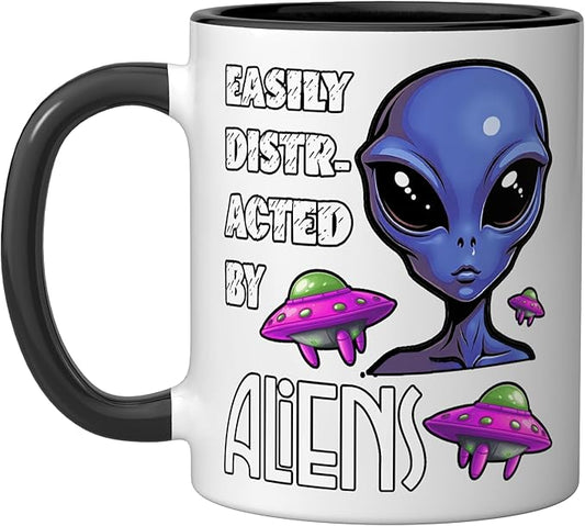 Easily Distracted By Aliens Funny Sci Fi Apparel Design Ceramic Mug, Black/White