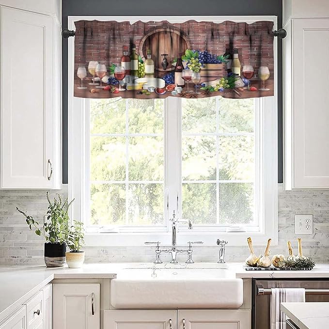 Rustic Wine Cellar Curtain Valance, Watercolor Wine Cheese Party Backdrop Farm Decor Short Window Drapes for Kitchen Dining Bedroom Living Room Bar, 54x18Inch