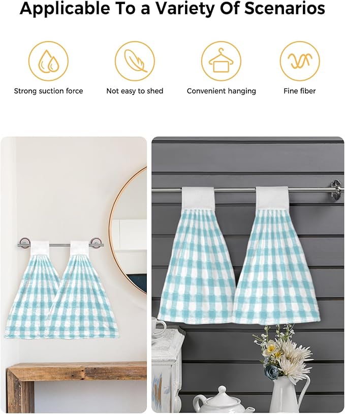 Alandar Home Kitchen Tie Towel Set of 1, Country Farm Buffalo Plaid Grid Absorbent Soft Hand Towels for Bathroom Hanging Towels, Watercolor Classic Lattice Fast Drying Cleaning Cloth with Loop