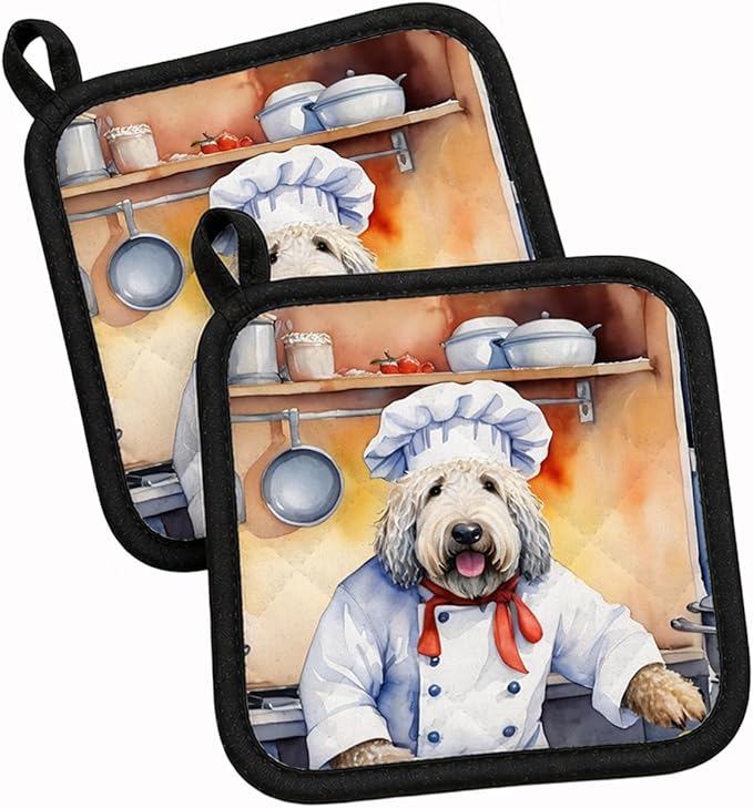 Caroline's Treasures Komondor The Chef Pair of Pot Holders Kitchen Heat Resistant Pot Holders Sets Oven Hot Pads for Cooking Baking BBQ, 7 1/2 x 7 1/2