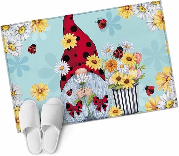 Area Rug 2x3ft, Summer Ladybug Gnome Daisy Flower Washable Rugs for Living Room Bedroom, Watercolor Bloom Floral on Blue Soft Non-Slip Area Rugs Rectangle Floor Carpet for Dining Room