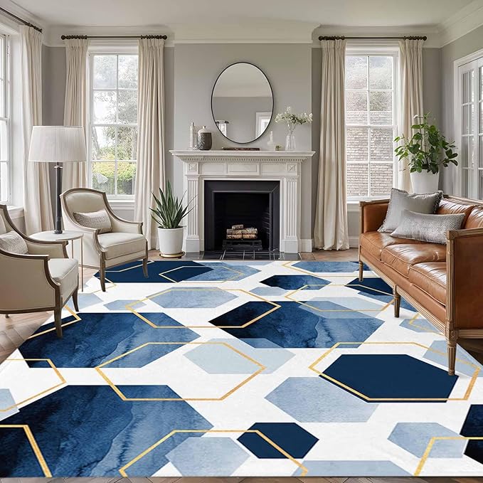 Area Rug 6x9ft, Watercolor Blue Hexagon Washable Rugs for Living Room Bedroom, Abstract Geometric Art Soft Non-Slip Area Rugs Rectangle Floor Carpet for Dining Room