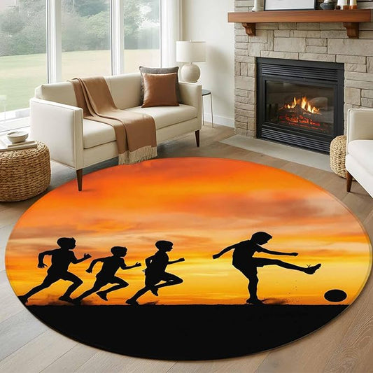 Washable Round Area Rug Football Sports Competition Circle Rugs Floor Carpet for Living Room Bedroom, Sunset Background Soft Non Slip Round Rug 5ft