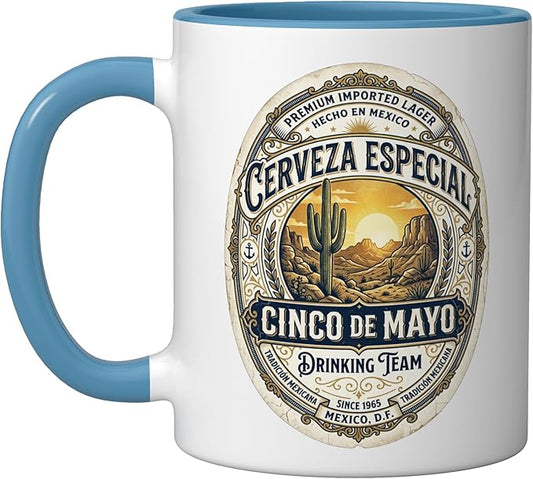 Cinco De Mayo Drinking Team Cerveza Beer Label Ceramic Mug, Blue/White