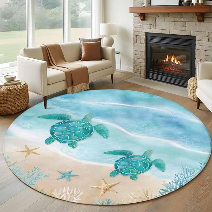 Washable Round Area Rug Sea Turtle Starfish Coral Circle Rugs Floor Carpet for Living Room Bedroom, Summer Seaside Ocean Life Soft Non Slip Round Rug 5ft