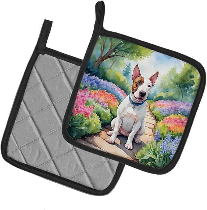 Caroline's Treasures English Bull Terrier Spring Path Pair of Pot Holders Kitchen Heat Resistant Pot Holders Sets Oven Hot Pads for Cooking Baking BBQ, 7 1/2 x 7 1/2