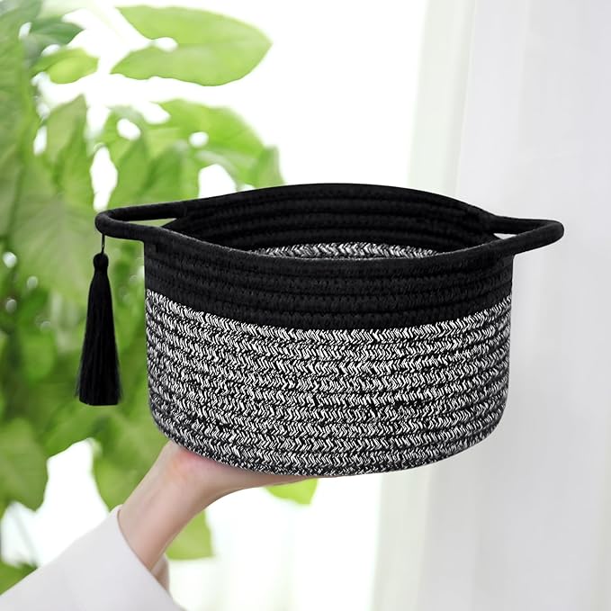 Small Gift Basket Empty to Fill – SweetMemo Mini Cute Woven Rope Organizer Baskets for Gifting, Baby Shower, Desk, Bathroom, Toys – Decorative Soft Bin with Gift Bag & Ribbon – Black Gray