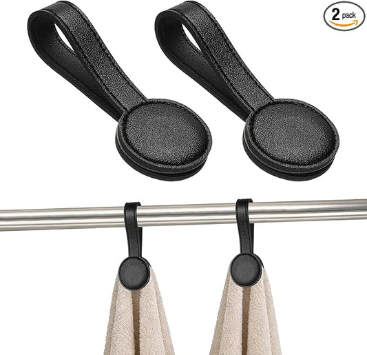 uxcell 2 Pcs Kitchen Magnetic Towel Clips, Leather Towel Holder Clip Multi-Purpose Hand Hooks Kitchen Accessories for Oven Handles Bars Racks, Black