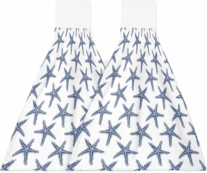 Alandar Home Kitchen Tie Towel Set of 2, Seamless Marine Blue Starfish Absorbent Soft Hand Towels for Bathroom Hanging Towels, Summer Ocean Life on White Fast Drying Cleaning Cloth with Loop
