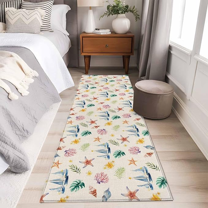 Runner Rug for Bedroom Hallway, Summer Sea Starfish Sailboat Kitchen Runner Rugs Area Rug 2x6ft, Marine Life Coral on Linen Washable Soft Floor Carpet for Entryway Stair