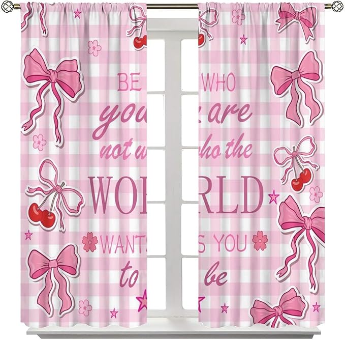 Pink Bow Blackout Curtain,Girls Modern Cherry Plaid Floral Star Abstract Window Curtains for Kitchen Bedroom Cafe Dining Room Office Living Room Drapes Decor,42x45 in