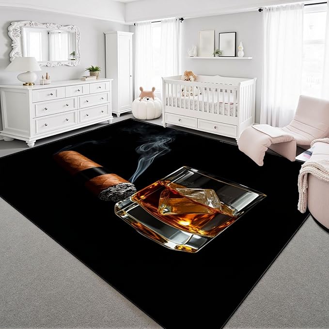 9x12 Area Rugs for Bedroom Boho Washable Man Cave Rug for Living Room Cigar Whiskey Ice Cubes Glass Black Soft Rubber Backed Non-Slip Large Carpets for Boys