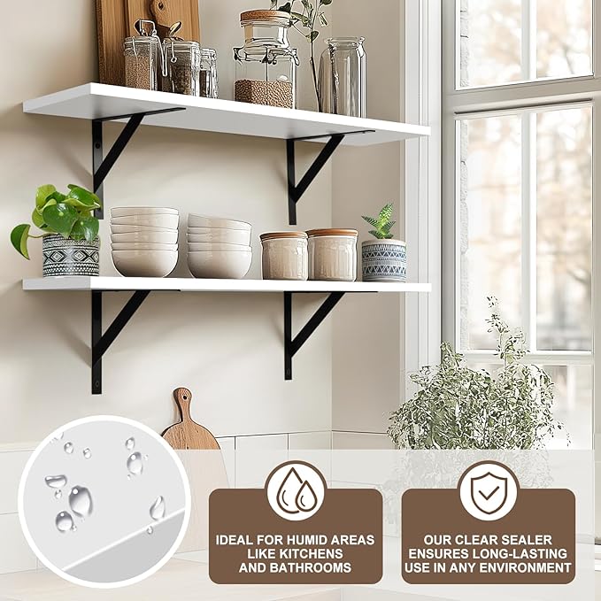 Tectocker-DOU Heavy Duty Long Wall Shelves Set of 2, Floating Shelves Wall Mounted with Industrial Brackets, 40lbs Capacity Shelves for Laundry Room, Kitchen, Bathroom, Living Room (31.5"*8",White)