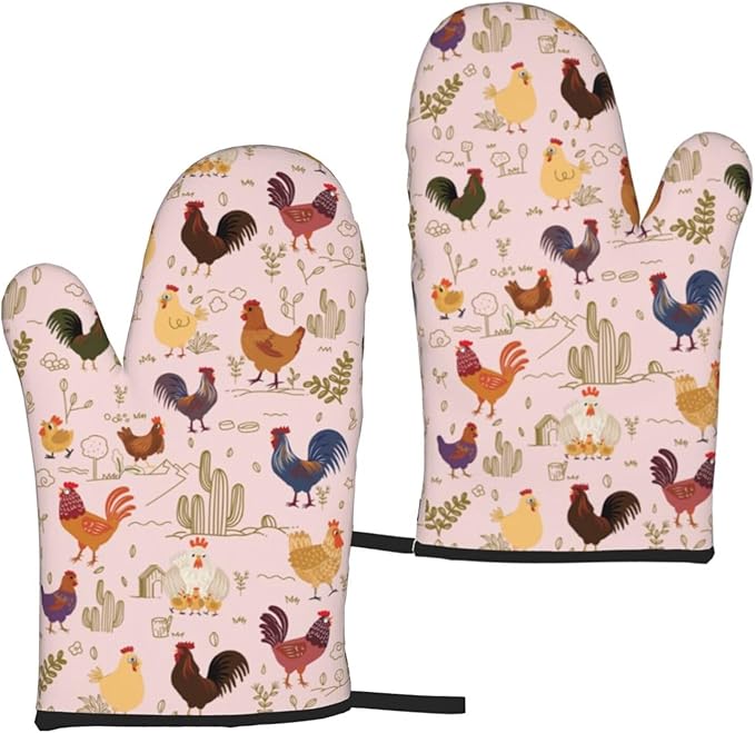 Chicken Pattern Oven Mitts of 2-Pack Set, Funny Kitchen Gloves Heat Resistant Non-Slip Kitchen Mitts Safe Cooking Baking Grilling