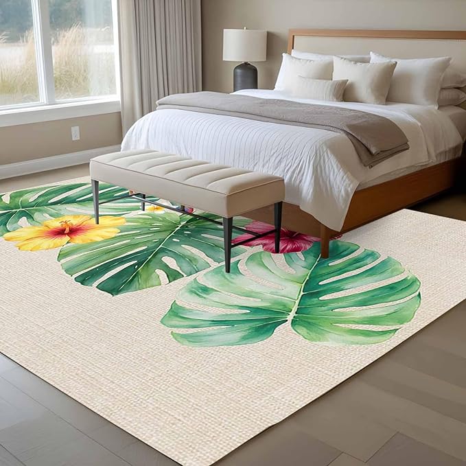 Area Rug 8x10ft, Country Monstera Hibiscus Foliage Washable Rugs for Living Room Bedroom, Tropical Plant Vintage Linen Soft Non-Slip Area Rugs Rectangle Floor Carpet for Dining Room