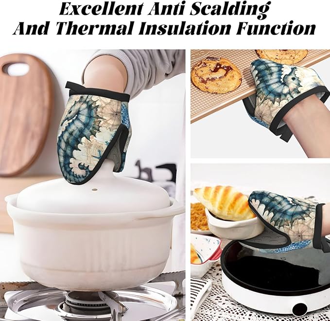 2 Pcs Mini Silicone Oven Mitts Ocean Seahorse Heat Resistant Grill Gloves with Hanging Loop, Sea Starfish Map Short Kitchen Mittens for Cooking Baking BBQ