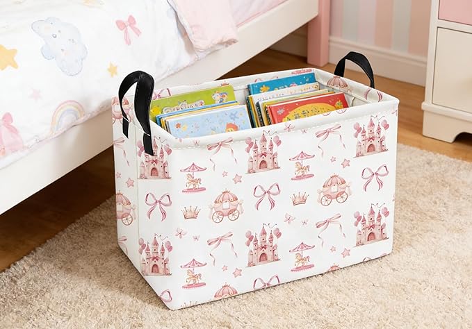 Essme Rectangular Pink Baskets,Girls Storage Box,Cute Basket for Kids with Handles for Room Decor, Book Bins,Shelf Basket.(Castle)