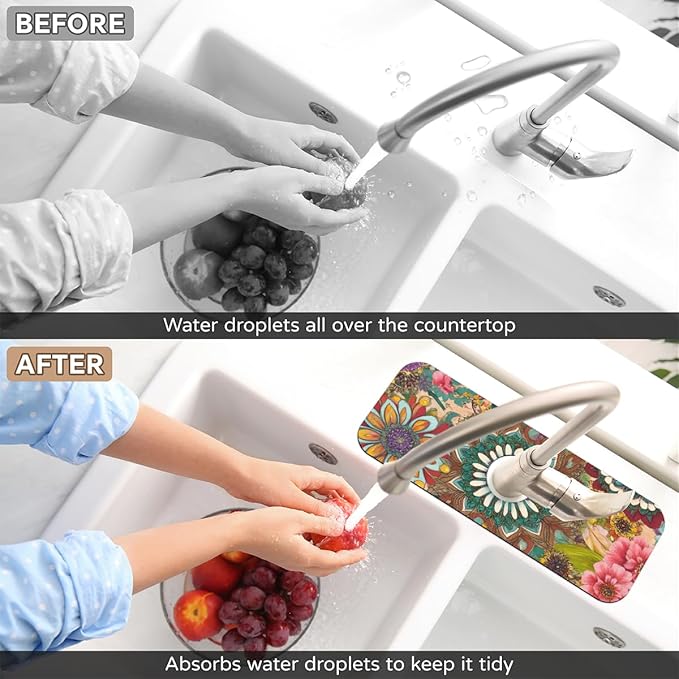 Bohemian Floral Sink Faucet Mat, Vintage Kitchen Faucet Absorbing Mat, Diatomaceous Earth Sink Splash Guard for Kitchen & Bathroom, Exotic Home Decor Accessory, 15.4"x5.7"