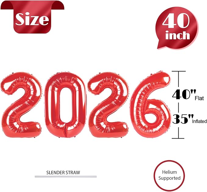 2026 Balloon Numbers - 40 Inch Red New Years Eve Party Supplies 2026, Nye Decor Party Decorations Happy New Year, New Years Eve Foil Party Balloons, Graduation Party Decorations