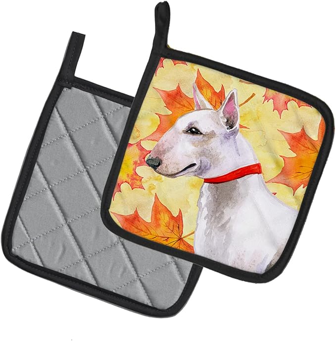 Caroline's Treasures BB9954PTHD Bull Terrier Fall Pair of Pot Holders, Yellow Kitchen Heat Resistant Pot Holders Sets Oven Hot Pads for Cooking Baking BBQ, 7 1/2 x 7 1/2