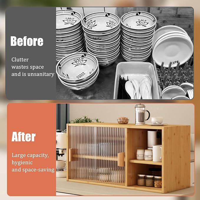 Countertop Kitchen Pantry Cabinet,Bamboo Wall Sideboard with Sliding Glass Doors,Pantry Cabinet for Kitchen, Living Room,Dinning,Bedroom,Log Color,31.5" W