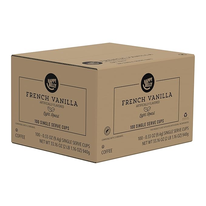Amazon Brand - Happy Belly Light Roast Coffee Pods, French Vanilla Flavored, Compatible with Keurig 2.0 K-Cup Brewers, 100 Count