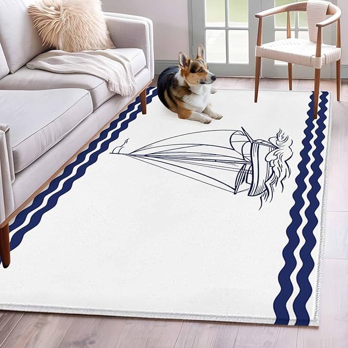Area Rug 4x6ft, Summer Ocean Nautical Sailboat Washable Rugs for Living Room Bedroom, Marine Theme Navy Blue Stripe Soft Non-Slip Area Rugs Rectangle Floor Carpet for Dining Room