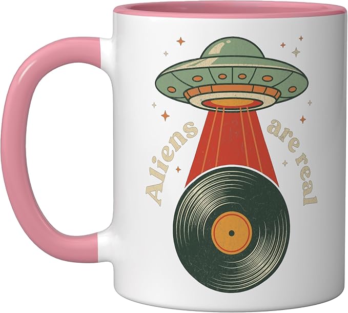 Vintage UFO Abduction Vinyl Record Player Retro Music Lover Ceramic Mug, Pink/White
