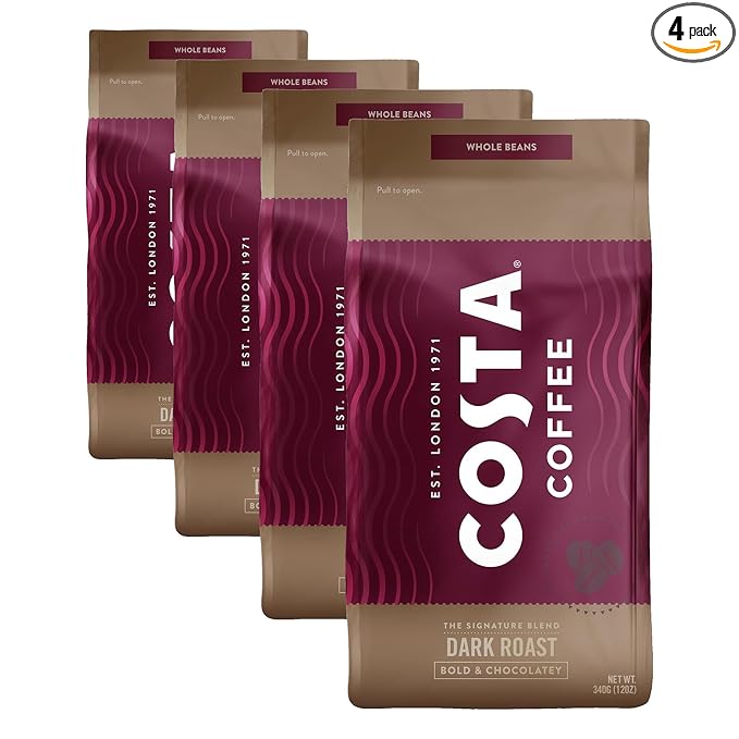 Costa Coffee Whole Bean Coffee, Signature Blend Dark Roast, 12oz each, Rainforest Alliance Certified (Pack of 4)