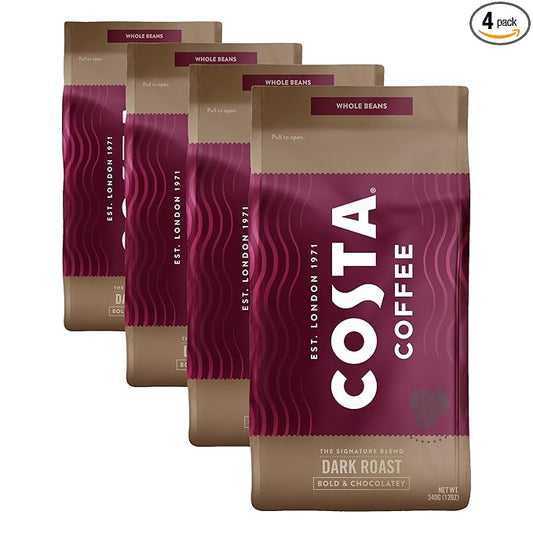 Costa Coffee Whole Bean Coffee, Signature Blend Dark Roast, 12oz each, Rainforest Alliance Certified (Pack of 4)