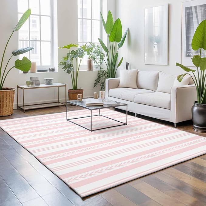 Area Rug 8x10ft, Abstract Leaf Geometric Line Washable Rugs for Living Room Bedroom, Modern Pink Stripe Theme Soft Non-Slip Area Rugs Rectangle Floor Carpet for Dining Room