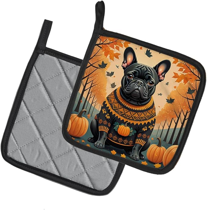 Caroline's Treasures DAC1045PTHD Black French Bulldog Fall Pair of Pot Holders Kitchen Heat Resistant Pot Holders Sets Oven Hot Pads for Cooking Baking BBQ, 7 1/2 x 7 1/2