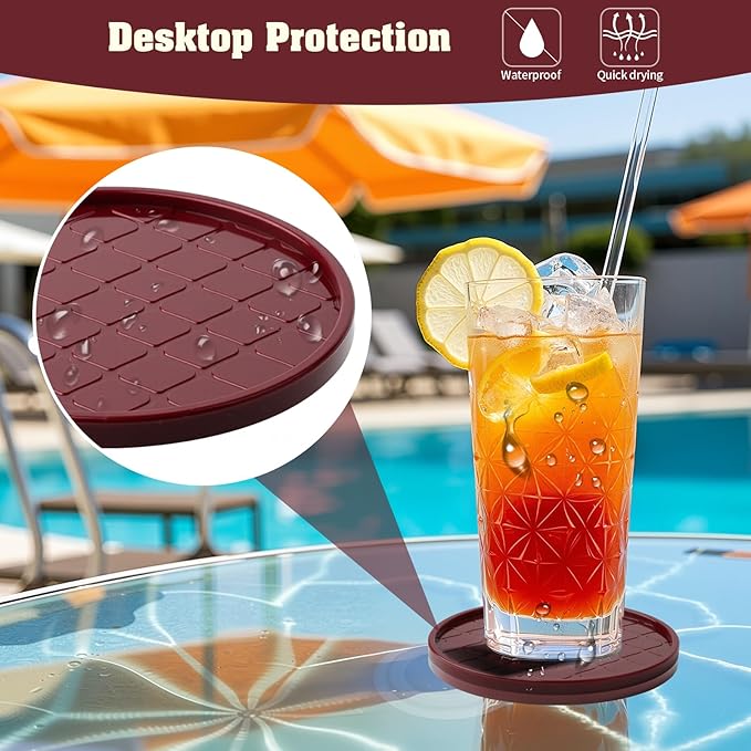 Coasters Set of 6,Hot or Cold Drink Coasters with Holder,Modern Style Coffee Table Coaster,Suitable for Kinds Cups Beer,Drink,Anti-Overflow Tabletop Protection(Wine red, 6pcs)