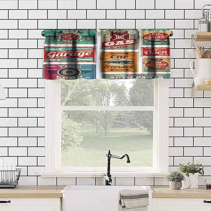 Retro 1950s Valance Curtain Vintage Car Service and Gas Station Metal Signs Windows Short Curtains Valances for Kitchen Living Room Bathroom Bedroom Decor with Rod Pocket, One Panel 54X18 Inches