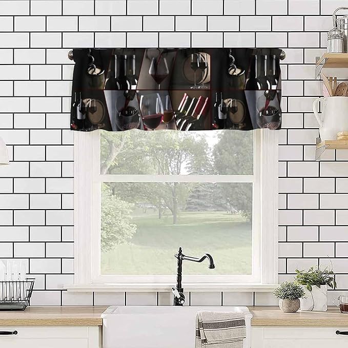 Red Wine Curtain Valance, Modern Black Wine Bottles Glasses Drinking Short Rod Pocket Window Valance for Kitchen Dining Resturant Party, 54x18Inch