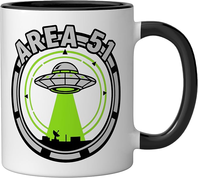 Area 51 UFO Alien Conspiracy Flying Saucer Design Ceramic Mug, Black/White
