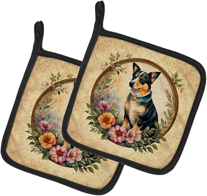 Caroline's Treasures Lancashire Heeler and Flowers Pair of Pot Holders Kitchen Heat Resistant Pot Holders Sets Oven Hot Pads for Cooking Baking BBQ, 7 1/2 x 7 1/2