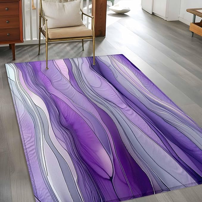 Area Rug 3x5ft, Abstract Art Purple Gray Wave Washable Rugs for Living Room Bedroom, Vintage Marble Texture Soft Non-Slip Area Rugs Rectangle Floor Carpet for Dining Room