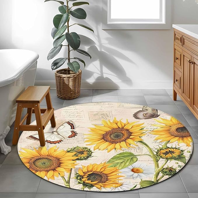 Sunflower Farmhouse 3.3ft Round Rug, Retro Floral Butterflies Non-Skid Rubber Backing Large Area Rugs - Living Room Bedroom Home Office, Spring Summer Indoor Floor Mat Carpets Washable Rug