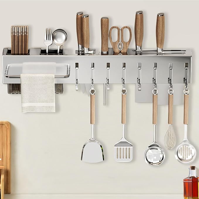 Wall Hanger Rail – Adhesive Mount, Kitchen Strip | Metal Track Support, Drilling-Free Fixture, 10-Hook Layout for Compact Organization Projects, Apartment Arrangement, Dorm Pantry Renovation, Morning